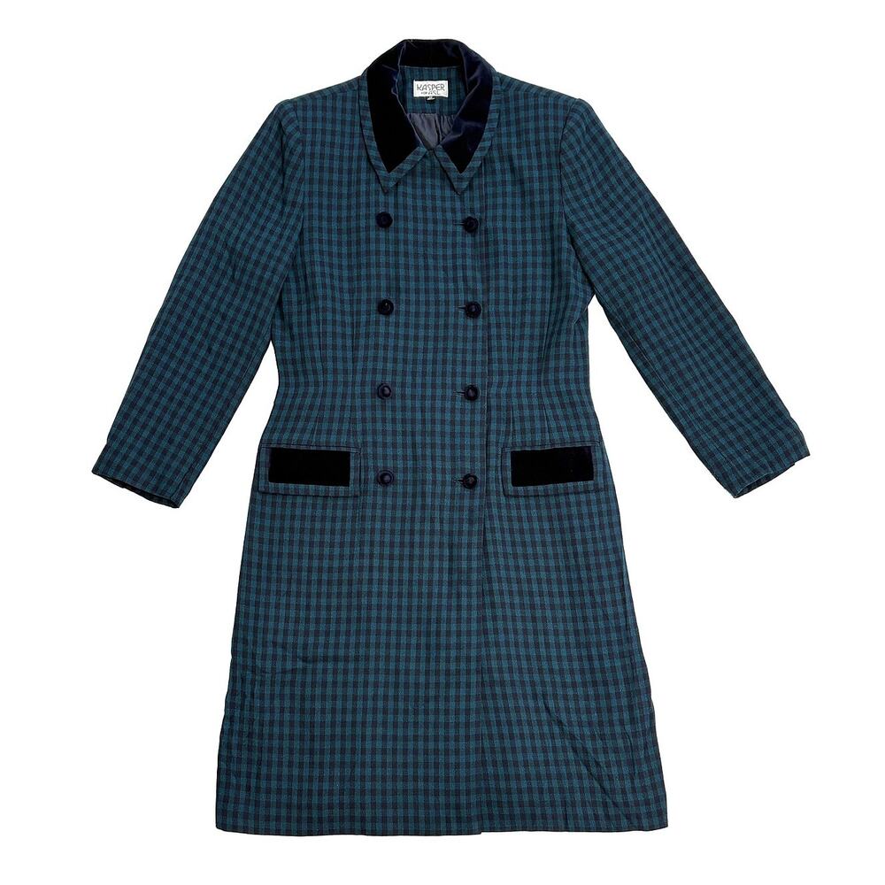 VTG 90s Kasper Overcoat Womens 12 Plaid Longline Double Breasted Trench Classic